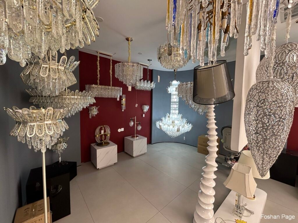 luxury-crystal-chandelier-display-foshan-showroom